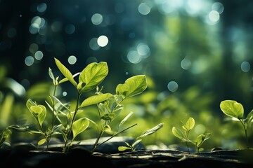 Wall Mural - Delicately natural fresh leaf background in soft daylight with beautiful bokeh and pastel green colors, close-up macro. Made with Generative AI