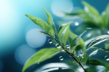 Wall Mural - Delicately natural fresh leaf background in soft daylight with beautiful bokeh and pastel green colors, close-up macro. Made with Generative AI