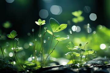 Wall Mural - Delicately natural fresh leaf background in soft daylight with beautiful bokeh and pastel green colors, close-up macro. Made with Generative AI