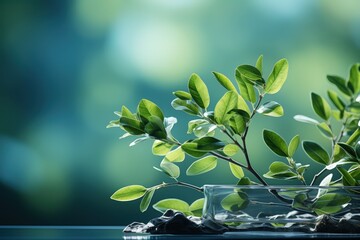 Wall Mural - Delicately natural fresh leaf background in soft daylight with beautiful bokeh and pastel green colors, close-up macro. Made with Generative AI