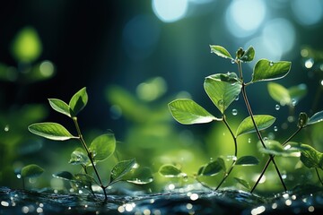 Wall Mural - Delicately natural fresh leaf background in soft daylight with beautiful bokeh and pastel green colors, close-up macro. Made with Generative AI