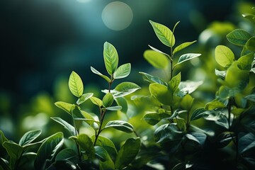 Wall Mural - Delicately natural fresh leaf background in soft daylight with beautiful bokeh and pastel green colors, close-up macro. Made with Generative AI