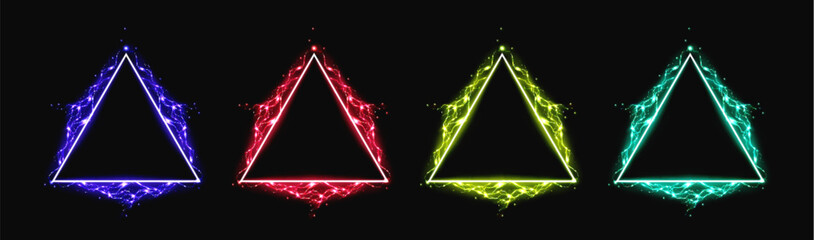 Poster - Realistic set of triangles with lightning bolt decor. Vector illustration of neon color geometric figures, scifi game frame, futuristic portal, magic power symbol, luminous electric energy effect