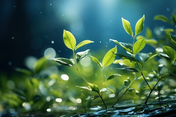 Wall Mural - Delicately natural fresh leaf background in soft daylight with beautiful bokeh and pastel green colors, close-up macro. Made with Generative AI