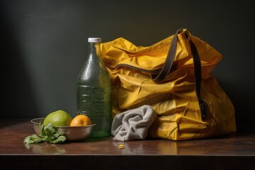 Sticker - A bag containing waste materials and a receptacle for disposing of trash in the kitchen.