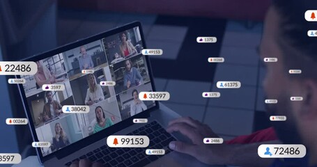 Poster - Animation of social media data processing over biracial businessman using laptop