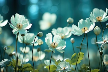 Wall Mural - Floral fresh background in soft daylight with beautiful bokeh and pastel green colors, close-up macro. Made with Generative AI