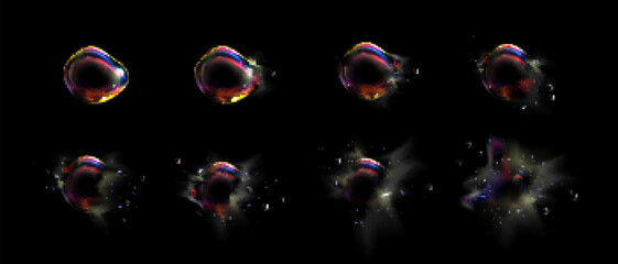 Poster - iridescent foam bubble burst explosion sprite animation. glass spectrum sheet with rainbow reflectio