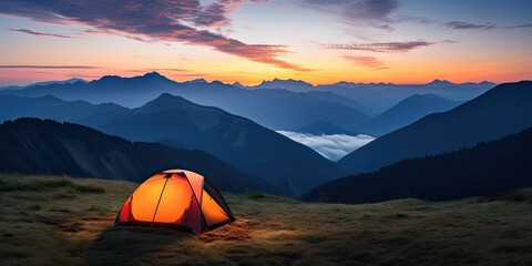 Poster - Outdoor travel and adventure. Camping lifestyle in mountains. Tent and landscape background