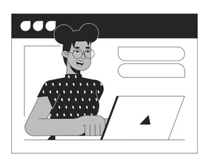 Poster - black woman on web meeting bw concept vector spot illustration. african american woman laptop 2d car