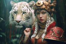 Portrait Of Attractive Magical Fairy With Tiger In Weird Fantasy Cosplay Clothing. Fairy Tale Realistic Image Made With Generative AI