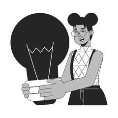 Poster - Young entrepreneur with small business idea bw concept vector spot illustration. Businesswoman 2D cartoon flat line monochromatic character for web UI design. Editable isolated outline hero image