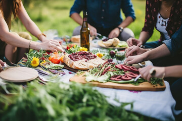 A group of friends having a picnic with healthy food options