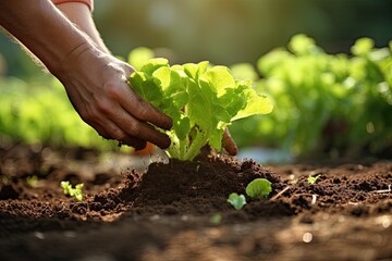 Canvas Print - The farmer is placing small, newly planted lettuce seedlings into the vegetable garden.