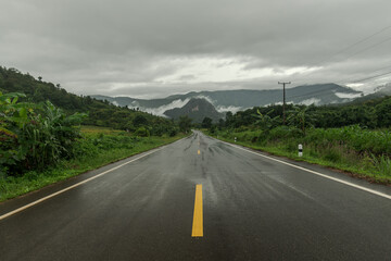 Wall Mural - wet asphalt road with beautiful view of misty landscape.