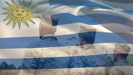 Sticker - Animation of flag of uruguay over diverse male soldiers