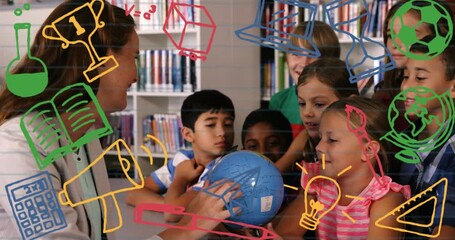 Poster - Animation of school icons over diverse schoolchildren