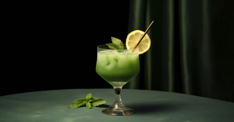 Green Matcha Cocktail with garnish on green table