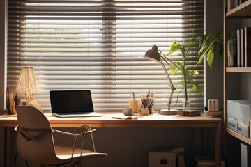 Poster - a pleasant workspace with a window and horizontal blinds, creating a relaxing environment.