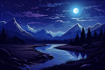 Night scene with lake, mountains, full moon and stars in sky. Summer landscape of valley with river beach, rocks range and dark starry sky