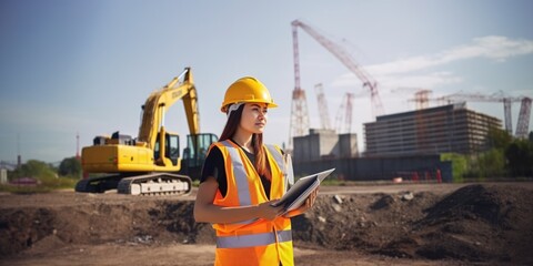 Portrait of a woman construction worker with a helmet in front of the excavator