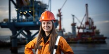 Portrait Of A Woman Oil Rig Worker With A Helmet In Front Of The Offshore Rig