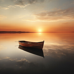 a lone boat on a calm lake during sunrise: the peaceful silhouette of a boat floating on still water