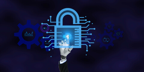 Wall Mural - robotic render hand with business suit pointing index finger to unlock key icon  on abastract background, copy space