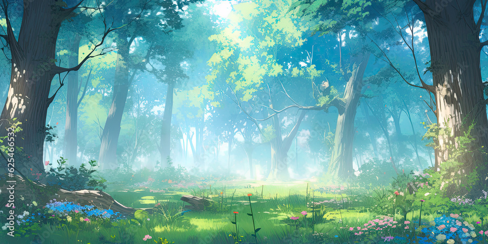 anime cartoon style woodland forest background banner, generated ai ...