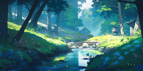 Wall Mural - anime cartoon style woodland forest background banner, generated ai