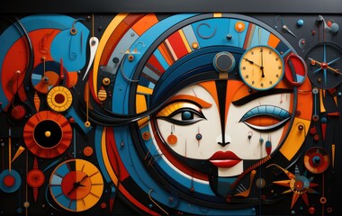 Wall Mural - A painting of a woman's face surrounded by clocks. Generative AI.
