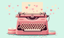 Pink Typewriter On A Green Background. Letter With Hearts. Vector Illustration