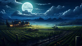 Illustration of countryside farm in moon light, rural medieval farm with wooden farm house