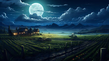 Illustration Of Countryside Farm In Moon Light, Rural Medieval Farm With Wooden Farm House