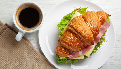 fresh croissant sandwich with ham, cheese and salad leaf with coffee on white table, top view