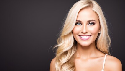 Wall Mural - Portrait beautiful blonde model woman with white teeth smile, healthy long hair and beauty skin on dark background. Concept of advertising dentist and facial care. Generative AI