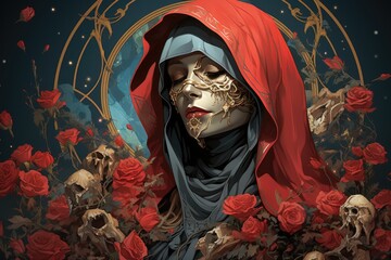 Wall Mural - A painting of a woman with a red hood. Generative AI.