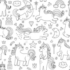 Wall Mural - Cute unicorns black and white seamless pattern for kids. Magic pony background in outline. Great for coloring page, apparel, fabric, wallpaper. Vector illustration