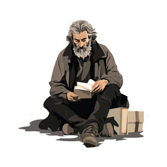 homeless man with book vector flat minimalistic isolated illustration