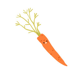 Poster - Cute happy carrot. Funny vegetable with smiling joyful face expression, positive emotion. Comic healthy food character laughing. Kids childish flat vector illustration isolated on white background