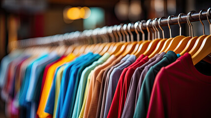 Wall Mural - plain t-shirts of different colors hang on a hanger, store interior blur.