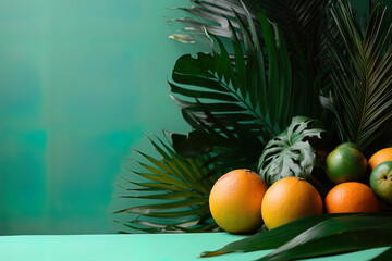 Close-up with fresh oranges, palm leaves on the green gradient background and empty space