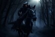 Halloween background. black rider on a black horse halloween . generative ai.
