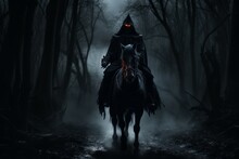 Halloween Background. Black Rider On A Black Horse Halloween . Generative Ai.