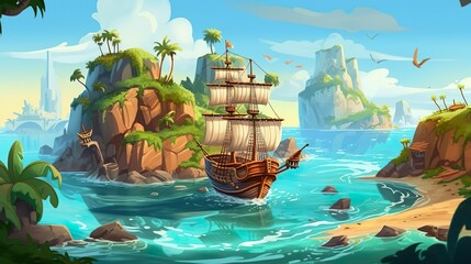 Wall Mural - background secret island with pirates. a captivating banner design featuring an adventurous illustra
