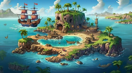 Wall Mural - background secret island with pirates. intricate design blending an abstract background with a livel