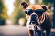 Portrait of a beautiful dog wearing sunglasses on the street in summer