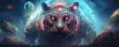 Sci-fi bear , grizzly animal, fantasy creature with colorful sky dark background. Generative Ai.