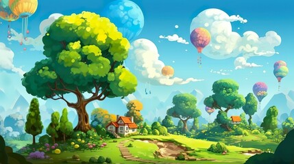 Wall Mural - background garden and park in the air. captivating banner design featuring a whimsical illustration 