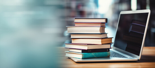 Stack of books with laptop on wooden table, copy space